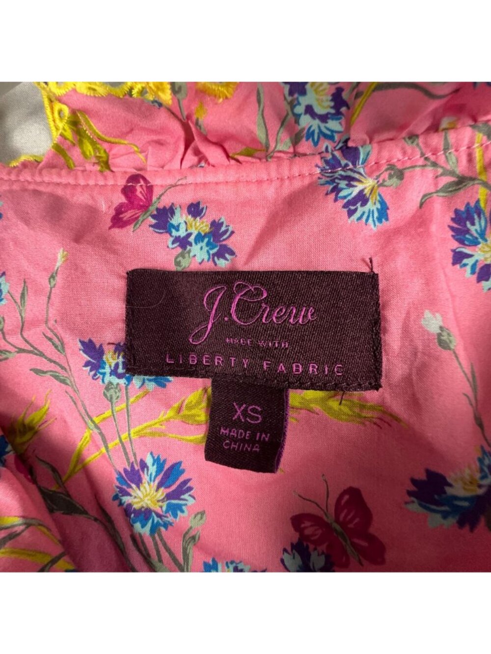 J.Crew Poplin Ruffle Blouse Size XS 100% Cotton Pink Wheat Bouquet Floral Print - Picture 7 of 13